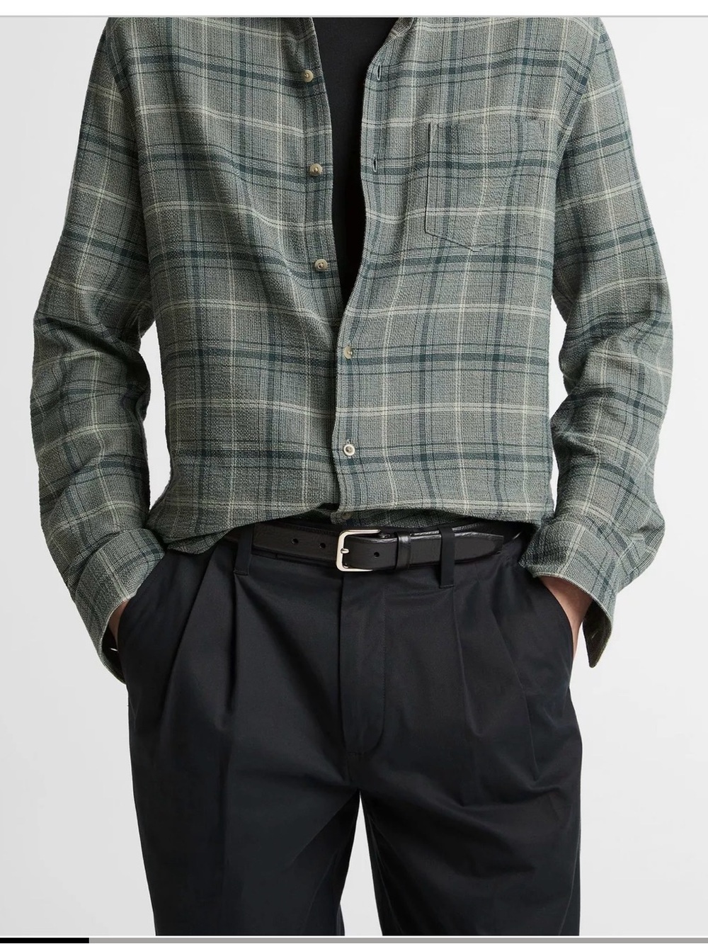 Vince Green Plaid Button-Down Shirt with Subtle Cream Lines
